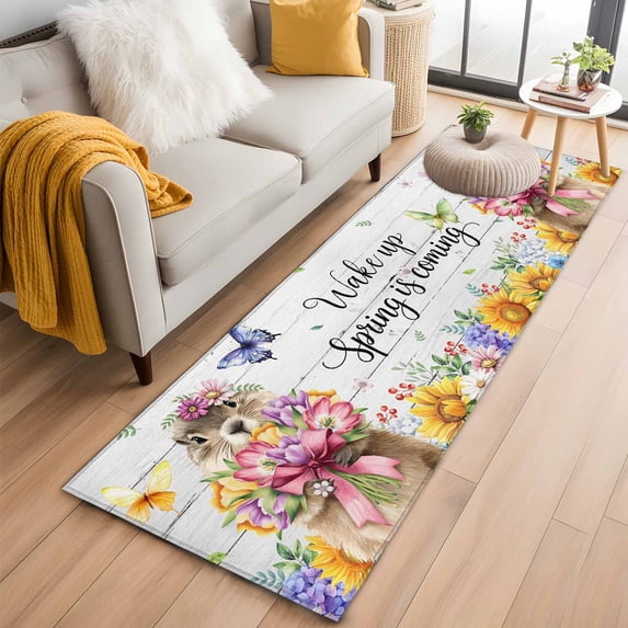 Runner Rug 2'x6', Spring Groundhog Washable Non-Slip Hallway Runner Rugs, Watercolor Sunflower Botanical Vintage Bedside Rugs Floor Mats Carpet Runners for Kitchen Bathroom Laundry Room