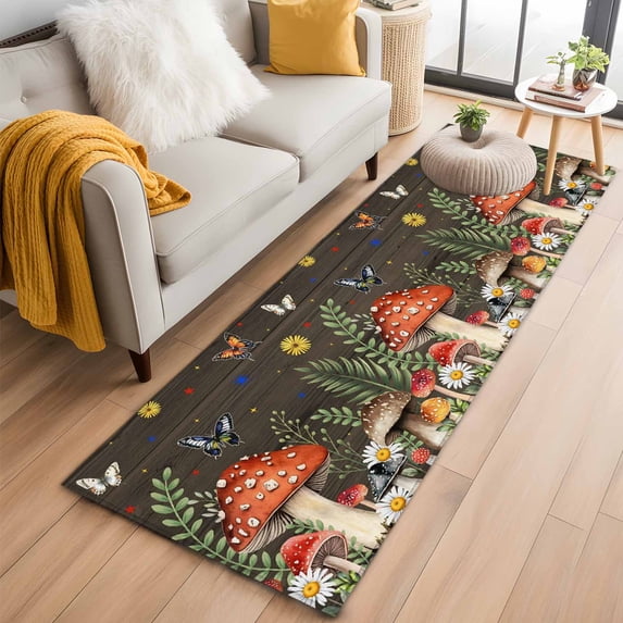 Runner Rug 2'x6', Spring Mushrooms Washable Non-Slip Hallway Runner Rugs, Farmhouse Pastoral Botanical Brown Wood Bedside Rugs Floor Mats Carpet Runners for Kitchen Bathroom Laundry Room