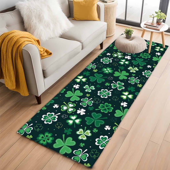 Runner Rug 2'x6', St. Patrick's Day Washable Non-Slip Hallway Runner Rugs, Shiny Shamrocks Green Botanical Leaves Bedside Rugs Floor Mats Carpet Runners for Kitchen Bathroom Laundry Room