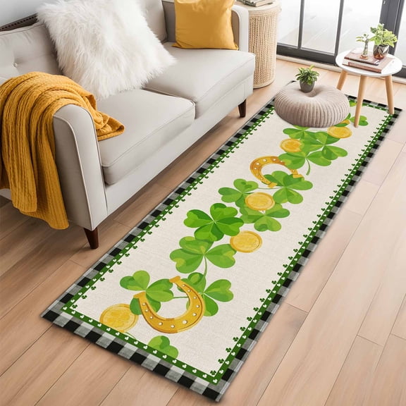 Runner Rug 2'x6', St. Patrick's Day Washable Non-Slip Hallway Runner Rugs, Spring Green Irish Lucky Clovers Plaid Bedside Rugs Floor Mats Carpet Runners for Kitchen Bathroom Laundry Room