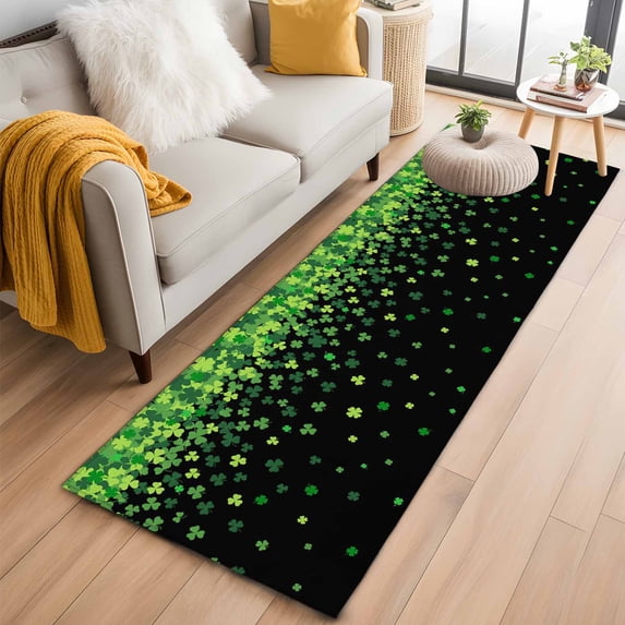 Runner Rug 2'x6', St. Patrick's Day Washable Non-Slip Hallway Runner Rugs, Spring Lucky Shamrocks Leaves Black Bedside Rugs Floor Mats Carpet Runners for Kitchen Bathroom Laundry Room