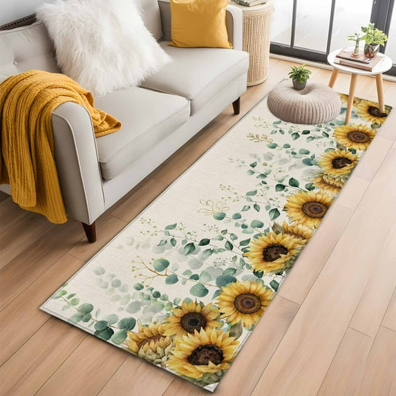 Runner Rug 2'x6', Sunflower Washable Non-Slip Hallway Runner Rugs, Yellow Floral Pastoral Botanical Leaves Rustic Bedside Rugs Floor Mats Carpet Runners for Kitchen Bathroom Laundry Room
