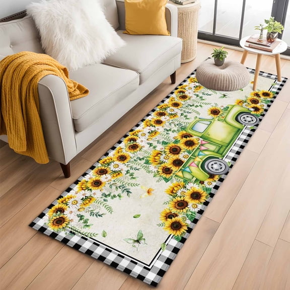 Runner Rug 2'x6', Sunflowers Washable Non-Slip Hallway Runner Rugs, Spring Farmhouse Country Truck Leaf Black Plaid Bedside Rugs Floor Mats Carpet Runners for Kitchen Bathroom Laundry Room