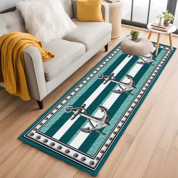 Runner Rug 2'x6', Teal Blue Anchor Washable Non-Slip Hallway Runner Rugs, Nautical Summer Beach Coastal Ocean Bedside Rugs Floor Mats Carpet Runners for Kitchen Bathroom Laundry Room