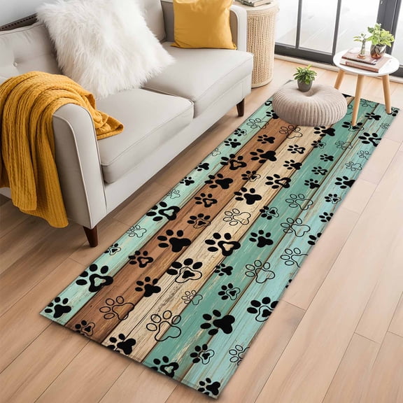 Runner Rug 2'x6', Teal Blue Brown Washable Non-Slip Hallway Runner Rugs, Rustic Farmhouse Dog Paw Vintage Bedside Rugs Floor Mats Carpet Runners for Kitchen Bathroom Laundry Room