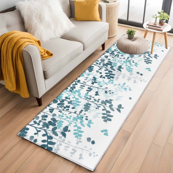 Runner Rug 2'x6', Teal Blue Leaves Washable Non-Slip Hallway Runner Rugs, Summer Botanical Bedside Rugs Floor Mats Carpet Runners for Kitchen Bathroom Laundry Room