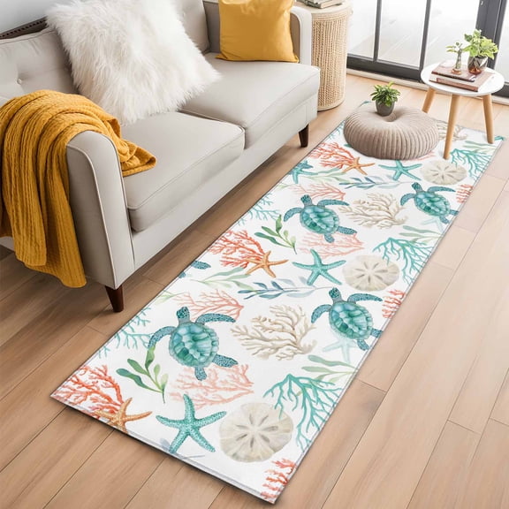 Runner Rug 2'x6', Teal Red Coastal Washable Non-Slip Hallway Runner Rugs, Beach Nautical Sea Turtle Coral Starfish Bedside Rugs Floor Mats Carpet Runners for Kitchen Bathroom Laundry Room