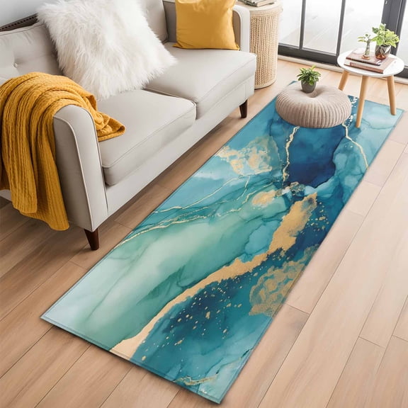Runner Rug 2'x6', Turquoise Marble Washable Non-Slip Hallway Runner Rugs, Modern Abstract Art Ombre Blue Bedside Rugs Floor Mats Carpet Runners for Kitchen Bathroom Laundry Room