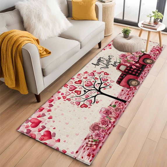 Runner Rug 2'x6', Valentine's Day Washable Non-Slip Hallway Runner Rugs, Love Tree Branches Truck Roses Beige Bedside Rugs Floor Mats Carpet Runners for Kitchen Bathroom Laundry Room