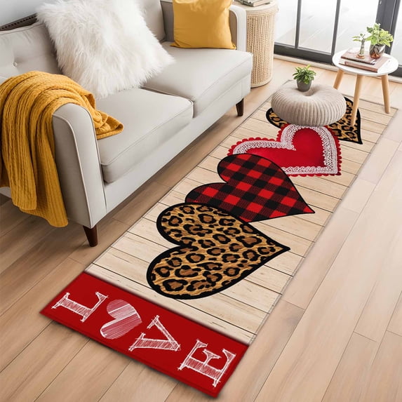 Runner Rug 2'x6', Valentine's Day Washable Non-Slip Hallway Runner Rugs, Valentines Leopards Plaid Love Hearts Bedside Rugs Floor Mats Carpet Runners for Kitchen Bathroom Laundry Room
