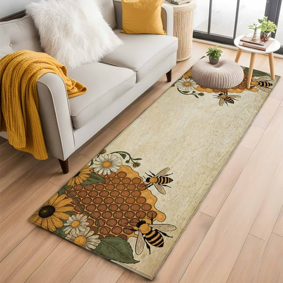 Runner Rug 2'x6', Vintage Bees Washable Non-Slip Hallway Runner Rugs, Daisy Floral Pastoral Retro Art Bedside Rugs Floor Mats Carpet Runners for Kitchen Bathroom Laundry Room