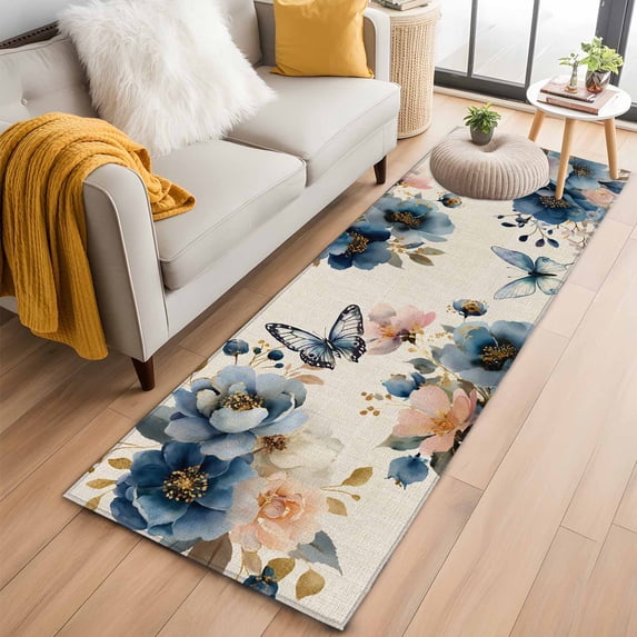 Runner Rug 2'x6', Vintage Blue Floral Washable Non-Slip Hallway Runner Rugs, Butterflies Watercolor Flower Linen Bedside Rugs Floor Mats Carpet Runners for Kitchen Bathroom Laundry Room