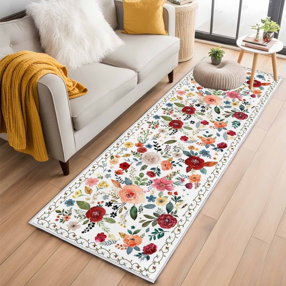 Runner Rug 2'x6', Watercolor Flowers Washable Non-Slip Hallway Runner Rugs, Farmhouse Spring Floral Botanical Bedside Rugs Floor Mats Carpet Runners for Kitchen Bathroom Laundry Room