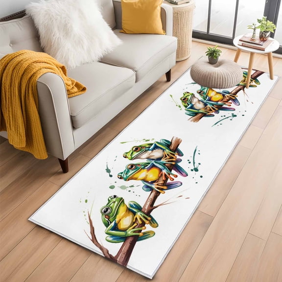 Runner Rug 2'x6', Watercolor Frog Washable Non-Slip Hallway Runner Rugs, Spring Summer Tropical Animals Rustic Bedside Rugs Floor Mats Carpet Runners for Kitchen Bathroom Laundry Room