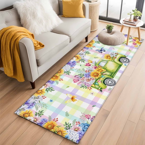 Runner Rug 2'x6', Watercolor Truck Flowers Washable Non-Slip Hallway Runner Rugs, Spring Butterflies Botanical Plaid Bedside Rugs Floor Mats Carpet Runners for Kitchen Bathroom Laundry Room