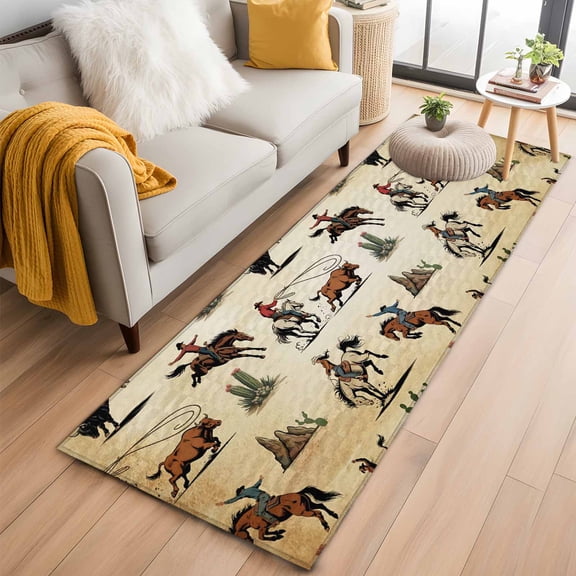 Runner Rug 2'x6', Western Cowboys Washable Non-Slip Hallway Runner Rugs, Brown Vintage Country Cactus Bedside Rugs Floor Mats Carpet Runners for Kitchen Bathroom Laundry Room