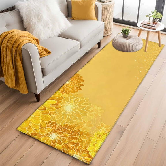 Runner Rug 2'x6', Yellow Golden Floral Washable Non-Slip Hallway Runner Rugs, Spring Summer Shiny Flowers Bedside Rugs Floor Mats Carpet Runners for Kitchen Bathroom Laundry Room