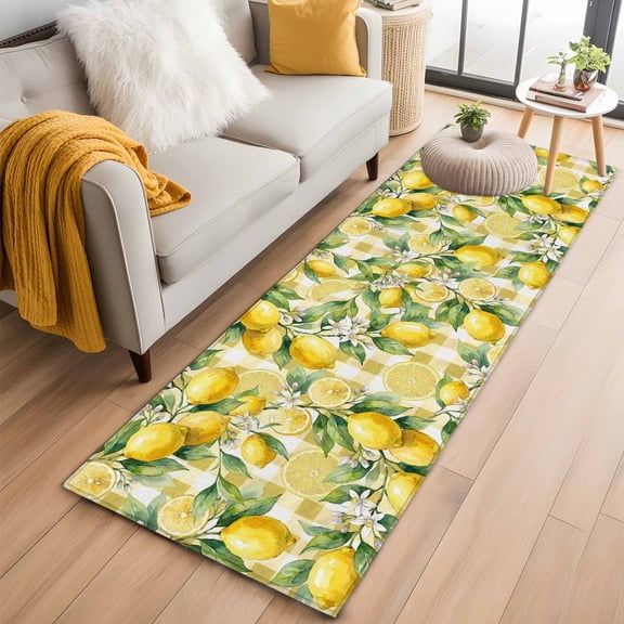 Runner Rug 2'x6', Yellow Lemons Washable Non-Slip Hallway Runner Rugs, Summer Botanical Checkered Pastoral Bedside Rugs Floor Mats Carpet Runners for Kitchen Bathroom Laundry Room
