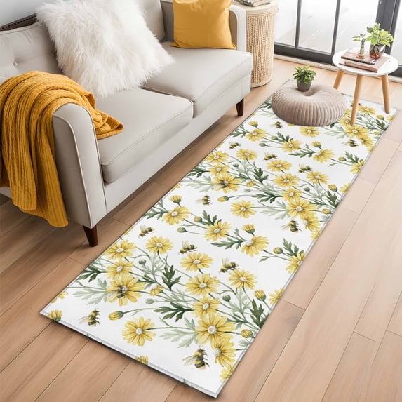 Runner Rug 2'x6', Yellow Spring Floral Washable Non-Slip Hallway Runner Rugs, Summer Daisy Botanical Flowers Bedside Rugs Floor Mats Carpet Runners for Kitchen Bathroom Laundry Room