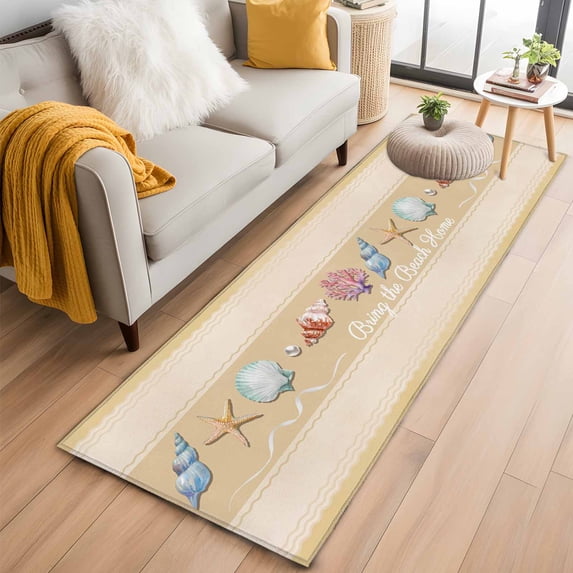 Runner Rug 2'x6', Yellow Summer Coastal Washable Non-Slip Hallway Runner Rugs, Modern Ocean Waves Starfish Shell Bedside Rugs Floor Mats Carpet Runners for Kitchen Bathroom Laundry Room