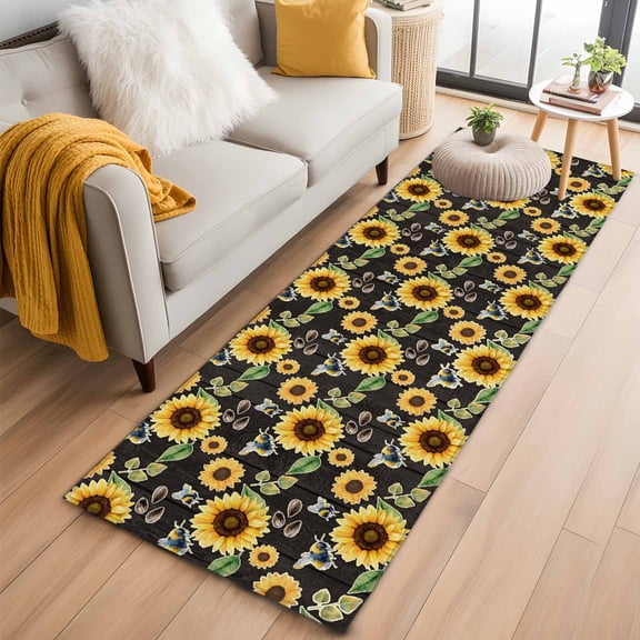 Runner Rug 2'x6', Yellow Sunflowers Washable Non-Slip Hallway Runner Rugs, Summer Botanical Elegant Pastoral Bees Bedside Rugs Floor Mats Carpet Runners for Kitchen Bathroom Laundry Room