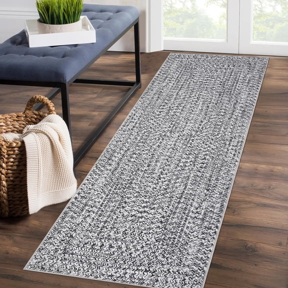 Runner Rug 2x10 Feet Print Braided Washable Hallway Runner, Non-Slip Stain Resistant Area Rug Farmhouse Solid Printed Weaving Kitchen Mat Entryway Carpet for Bedside, Grey