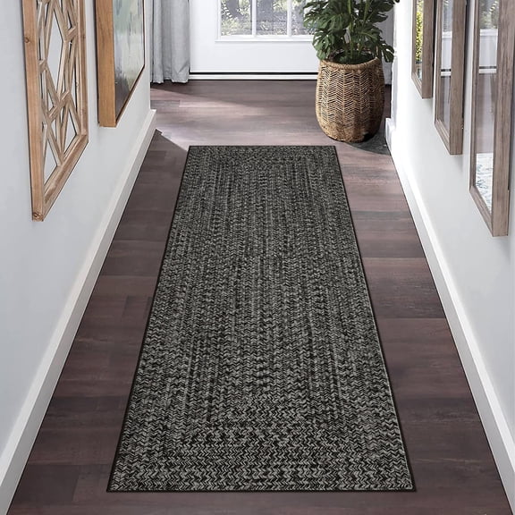 Runner Rug 2x10 Feet Print Braided Washable Hallway Runner Rug, Non-Slip Stain Resistant Area Rug Farmhouse Solid Printed Weaving Kitchen Mat Entryway Carpet for Bedside, Grey/Brown