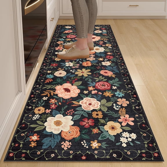 Runner Rug, 2x10 Kitchen Hallway Carpet, Washable with Non-Slip Backing, Low Pile Soft Boho Floral for Entryway, Laundry, Bedroom, Dark Blue