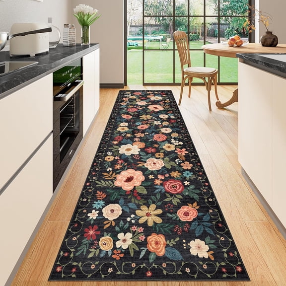Runner Rug, 2x10 Kitchen Runner Rug for Hallway with Non Slip Backing, Washable Low Pile Soft Boho Floral Carpet for Kitchen, Entryway, Hallway, Laundry, Bedroom, Black