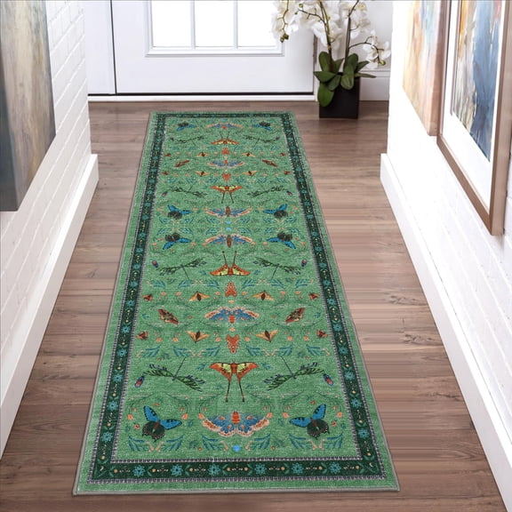 Runner Rug 2x6 Indoor Floral Insect Pattern, Ultra Soft Machine Washable Stain Resistant, Non-Slip Backing Low Pile for Kitchen Entryway Bathroom