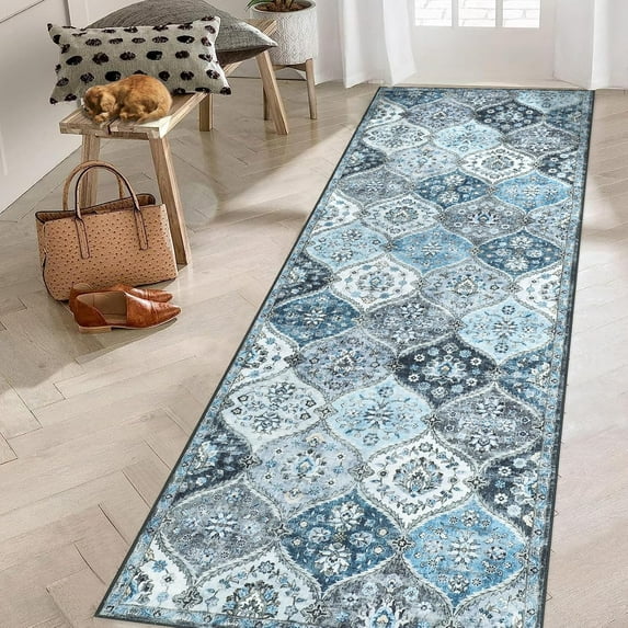 Runner Rug 2x6 Moroccan Trellis Washable Rug Non Slip Low Pile Long Rugs for Hallway Kitchen Indoor Door Mat for Entryway Bedroom, Blue/Grey