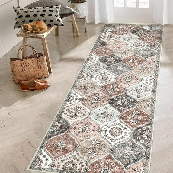 Runner Rug 2x6 Moroccan Trellis Washable Rug Non Slip Low Pile Long Rugs for Hallway Kitchen Indoor Door Mat for Entryway Bedroom, Pink/Grey
