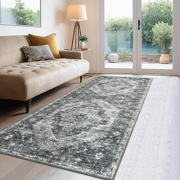 Runner Rug 2x6 Vintage Floral Hallway Carpet Machine Washable Non-Slip Indoor Long Rug for Kitchen Bathroom Bedroom Office Oriental Medallion Accent Throw Easy Clean, Grey