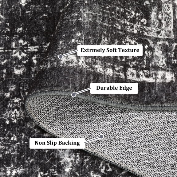 Runner Rug 2x6 Washable Retro Rug for Hallway Soft Low Pile Ultra-Thin Vintage Distressed Carpet Runner Farmhouse Non Slip Non-Shedding Indoor Rug for Bathroom Bedroom Kitchen, Black