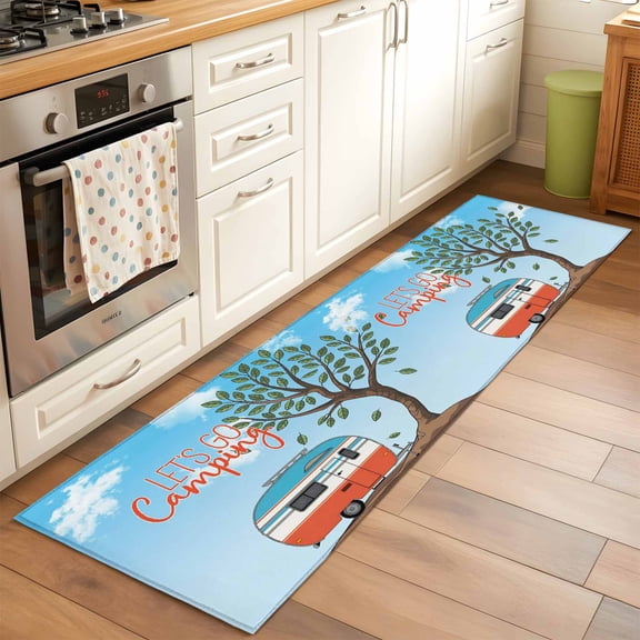Runner Rug 2x6ft Let's Go Camping Floor Carpets Indoor Floor Area Mat Doormat Entrance Mat Area Rugs for Entry Living Room Dining Room Kitchen Bedroom, Camper Van Trees Blue Sky Sofa Throw Carpet