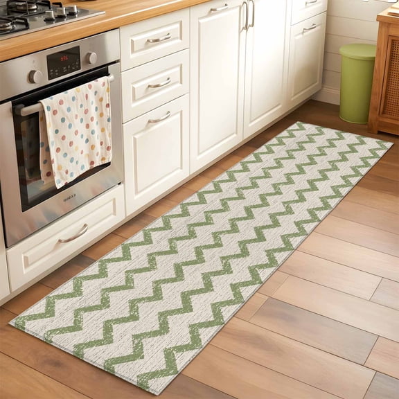 Runner Rug 2x6ft Sage Green Zigzag Lines Floor Carpets Indoor Floor Area Mat Doormat Entrance Mat Area Rugs for Entry Living Room Dining Room Kitchen Bedroom, Chevron Stripes Waves Sofa Throw Carpet