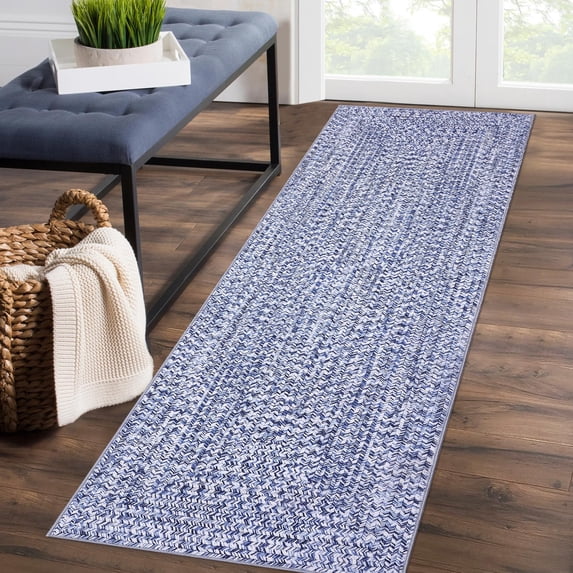 Runner Rug 2x8 Feet Print Braided Washable Hallway Runner, Non-Slip Stain Resistant Area Rug Farmhouse Solid Printed Weaving Kitchen Mat Entryway Carpet for Bedside, Blue