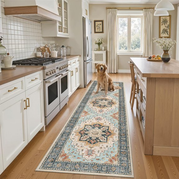 Runner Rug 2x8 Washable Hallway Rugs Non-slip Low-pile Soft Kitchen Laundry Room Vintage Throw Entry Foyer Mat For Entrance Living (orange/blue 2 X 8)