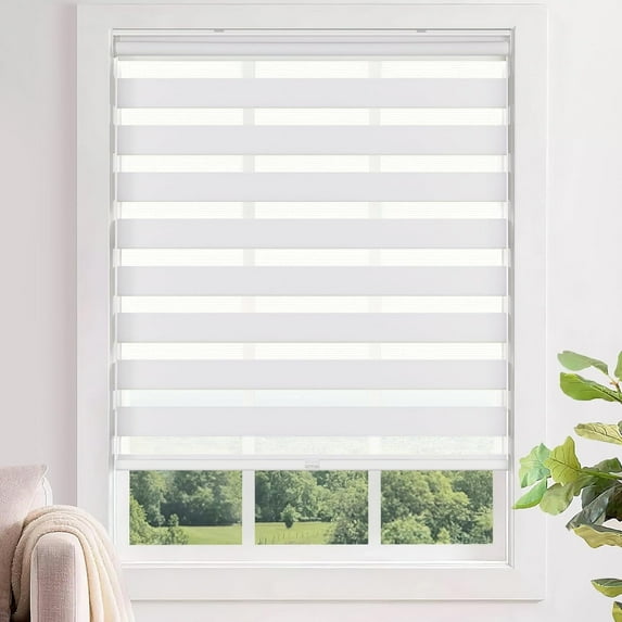 LazBlinds No Tools No Drill Cordless Zebra Blinds for Windows, Dual Layer Light Control for Day and Night, Light Filtering Privacy Roller Blinds and Shades for Home, 25" W x 48" H, White