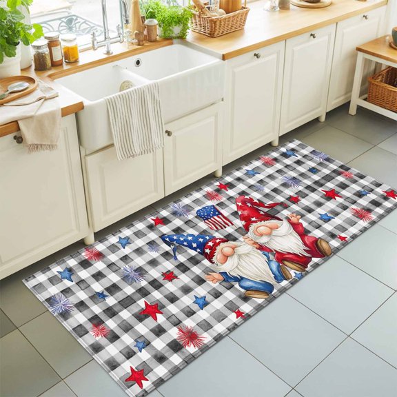Runner Rug for Bedroom Hallway, 4th of July Gnome Pentagram USA Flag Kitchen Runner Rugs Area Rug 2x6ft, Black White Plaid Washable Soft Floor Carpet for Entryway Stair