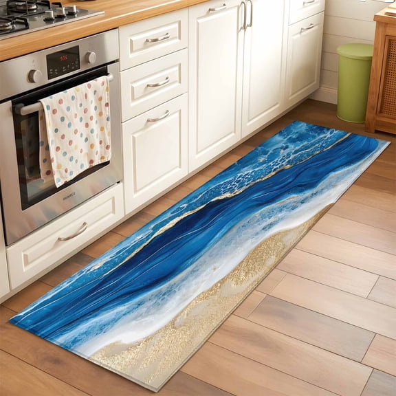 Runner Rug for Bedroom Hallway, Abstract Beach Ocean Wave Kitchen Runner Rugs Area Rug 2x6ft, Sea Shore Spray Blue Golden Washable Soft Floor Carpet for Entryway Stair