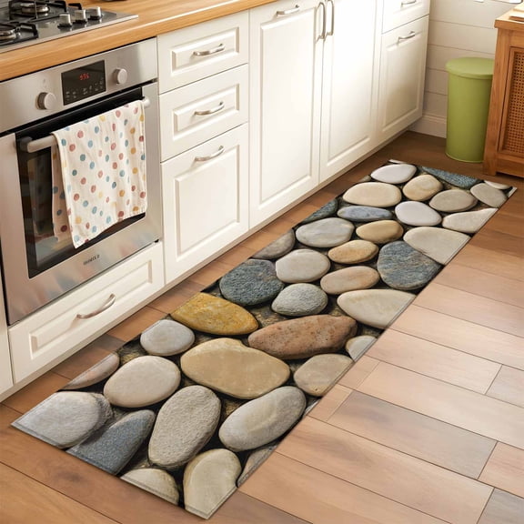 Runner Rug for Bedroom Hallway, Abstract Gray Yellow Cobblestone Kitchen Runner Rugs Area Rug 2x6ft, Modern Grey Pebble Stone Washable Soft Floor Carpet for Entryway Stair