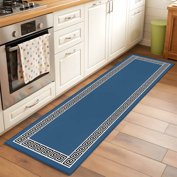 Runner Rug for Bedroom Hallway, Abstract Greek Inspired Geometric Art Kitchen Runner Rugs Area Rug 2x6ft, Black Twist Lines on Blue Washable Soft Floor Carpet for Entryway Stair