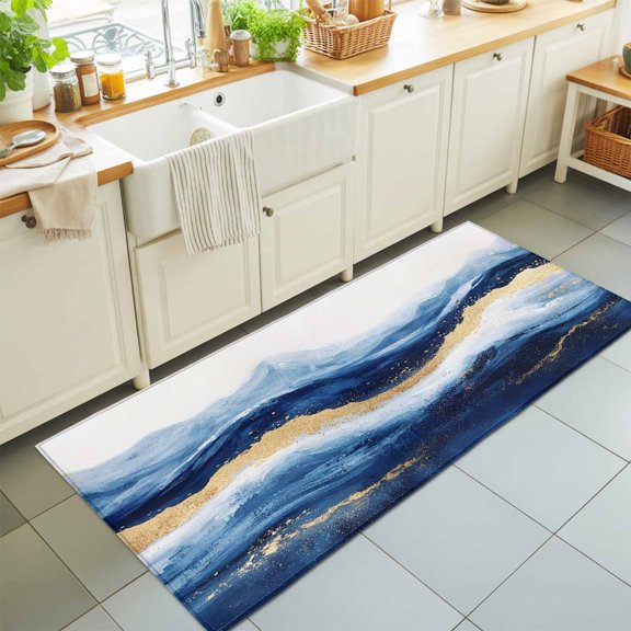 Runner Rug for Bedroom Hallway, Abstract Ocean Rough Sea Kitchen Runner Rugs Area Rug 2x6ft, Marine Big Wave Navy Blue Gold Washable Soft Floor Carpet for Entryway Stair