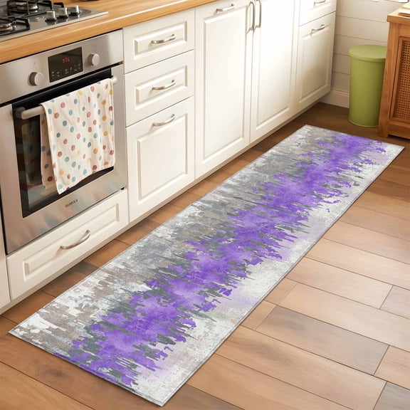 Runner Rug for Bedroom Hallway, Abstract Purple Grey Graffiti Kitchen Runner Rugs Area Rug 2x6ft, Modern Minimalist Art Washable Soft Floor Carpet for Entryway Stair