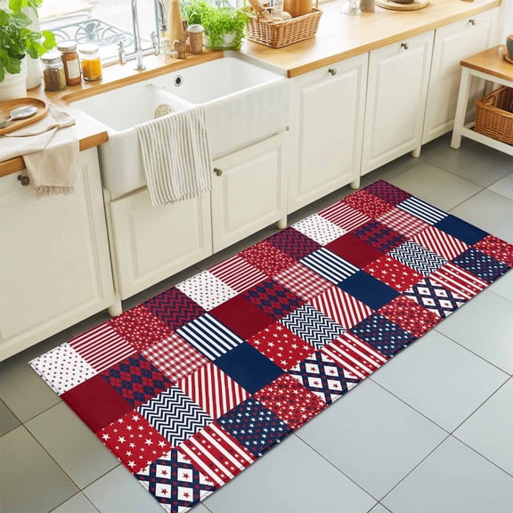 Runner Rug for Bedroom Hallway, Abstract Splicing Stars Stripes Kitchen Runner Rugs Area Rug 2x6ft, Independence Day Red Blue White Washable Soft Floor Carpet for Entryway Stair