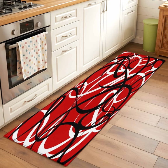 Runner Rug for Bedroom Hallway, Abstract Stripe Black White on Red Kitchen Runner Rugs Area Rug 2x6ft, Minimalist Geometric Curve Line Washable Soft Floor Carpet for Entryway Stair