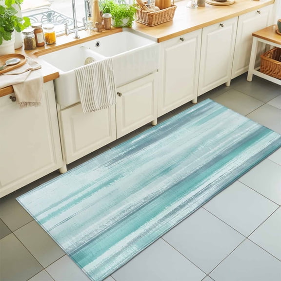 Runner Rug for Bedroom Hallway, Abstract Teal White Ocean Waves Kitchen Runner Rugs Area Rug 2x6ft, Modern Minimalist Art Washable Soft Floor Carpet for Entryway Stair