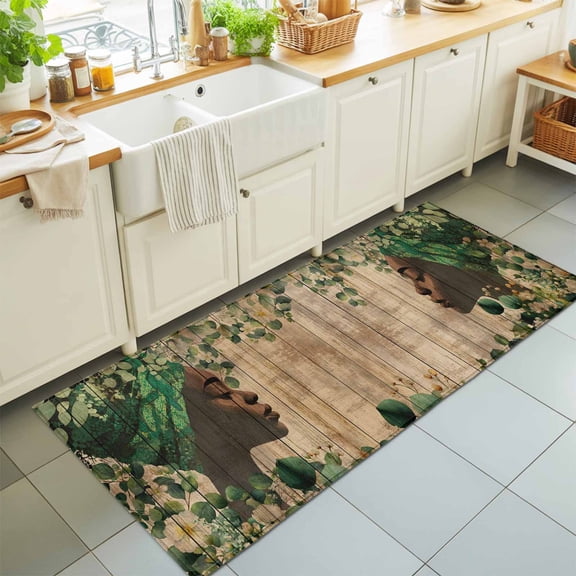 Runner Rug for Bedroom Hallway, African-American Women Plant on Wooden Kitchen Runner Rugs Area Rug 2x6ft, Eucalyptus Leaves Washable Soft Floor Carpet for Entryway Stair