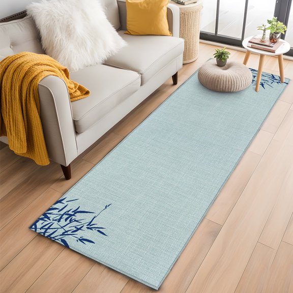 Runner Rug for Bedroom Hallway, Asian Style Bamboos Kitchen Runner Rugs Area Rug 2x6ft, Retro Blue Linen Texture Washable Soft Floor Carpet for Entryway Stair